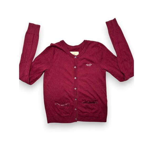 Y2K Hollister Burgundy Button-Up Cardigan With Pockets Size Medium - Picture 1 of 12